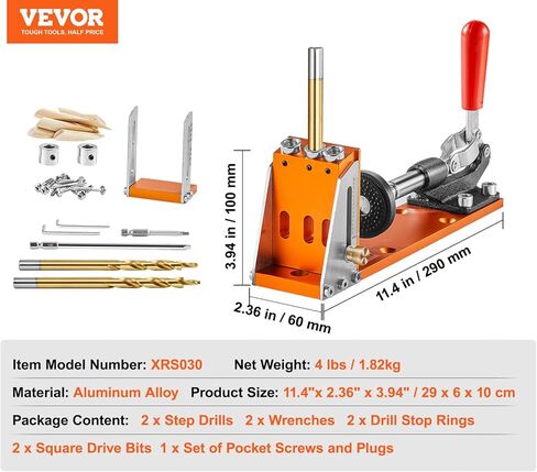 VEVOR Pocket Hole Jig، 56 قطعة نظام ثقب الجيب الصغير مع مشبك C 9 بوصة، مثقاب خطوة، مفتاح ربط، حلقة إيقاف الحفر، لقمة محرك مربعة، ومسامير، لمشاريع النجارة DIY in Kuwait