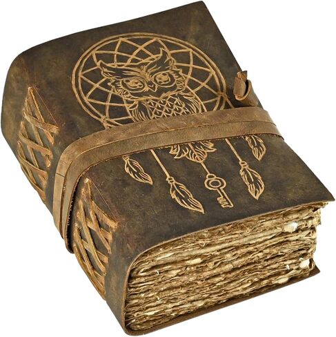 UROOJ HANDICRAFT Book of shadows journal blank dream catcher with owl leather witchcraft books grimoire spell sketchbook college poetry journal deckle edge paper 7x5 in Kuwait