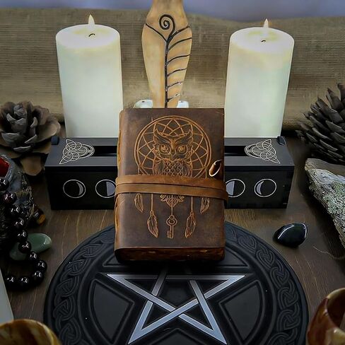 UROOJ HANDICRAFT Book of shadows journal blank dream catcher with owl leather witchcraft books grimoire spell sketchbook college poetry journal deckle edge paper 7x5 in Kuwait