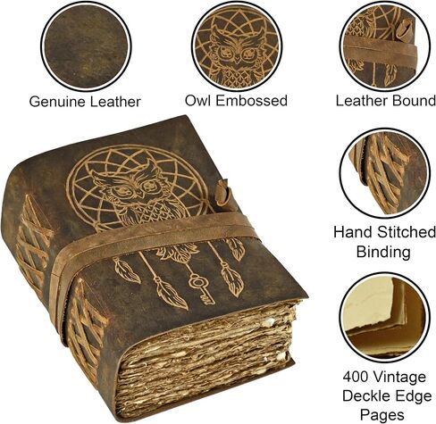 UROOJ HANDICRAFT Book of shadows journal blank dream catcher with owl leather witchcraft books grimoire spell sketchbook college poetry journal deckle edge paper 7x5 in Kuwait