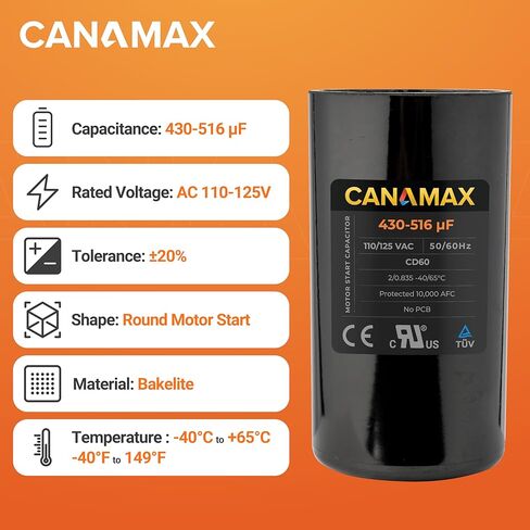 مكثف Canamax 430-516 فائق التوهج/MFD 110-125 VAC ±20% فولت - بديل للمحركات الكهربائية أحادية الطور in Kuwait