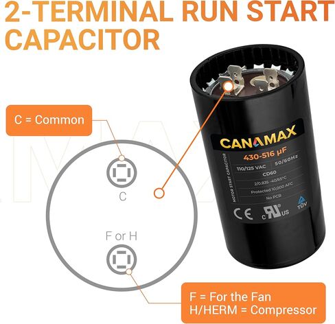 مكثف Canamax 430-516 فائق التوهج/MFD 110-125 VAC ±20% فولت - بديل للمحركات الكهربائية أحادية الطور in Kuwait