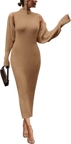 PRETTYGARDEN Womens Fall 2 Piece Outfits Bodycon Maxi Tank Pullover Sweater Dress And Long Sleeve Cropped Cardigan Knit Sets in Kuwait