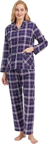 طقم بيجامات فلانيل للسيدات من GLOBAL 100% قطن PJs للنساء بأكمام طويلة وأزرار بيجاما ملابس مريحة للاستلقاء in Saudi Arabia