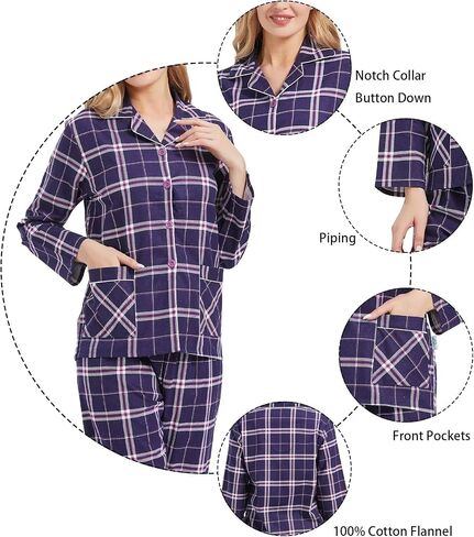 طقم بيجامات فلانيل للسيدات من GLOBAL 100% قطن PJs للنساء بأكمام طويلة وأزرار بيجاما ملابس مريحة للاستلقاء in Saudi Arabia
