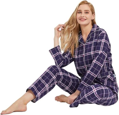 طقم بيجامات فلانيل للسيدات من GLOBAL 100% قطن PJs للنساء بأكمام طويلة وأزرار بيجاما ملابس مريحة للاستلقاء in Saudi Arabia