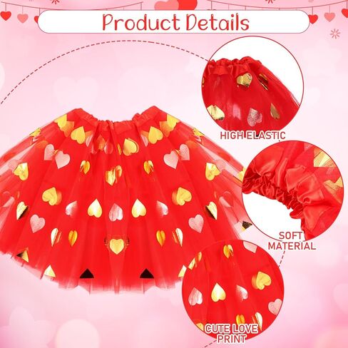 Mumufy 3 Pcs Valentine's Day Printed Heart Tutu Soft Tulle Tutu Skirt Heart Headband with Sunglasses for Birthday 2-8 Years in Kuwait