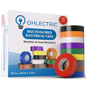 OHLECTRIC شريط كهربائي احترافي باللون الأسود، بسمك 7 مم - متعدد الألوان مثبطات اللهب، مقاوم للحرارة والطقس 3/4 بوصة × 60 بوصة - شريط كهربائي مثالي للمقاولين والكهربائيين، عبوة من 10 قطع