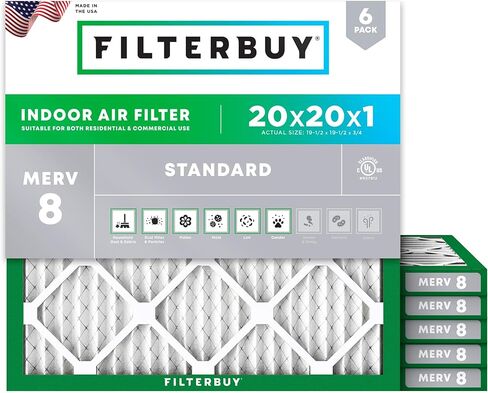 Filterbuy 20x20x1 Air Filter MERV 8 Dust Defense (6-Pack), Pleated HVAC AC Furnace Air Filters Replacement (Actual Size: 19.50 x 19.50 x 0.75 Inches) in Kuwait