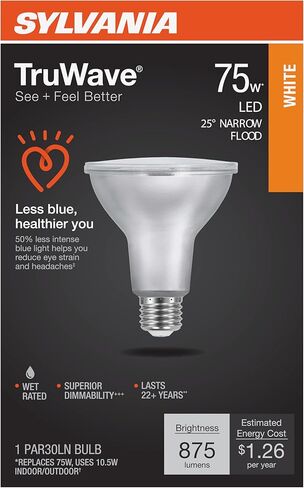 LEDVANCE Sylvania LED TruWave Natural Series PAR30LN لمبة إضاءة طويلة الرقبة، 75 وات = 9 وات، قاعدة متوسطة، أبيض محايد 3000 كلفن قابل للتعتيم - عبوة واحدة (40910) in Kuwait