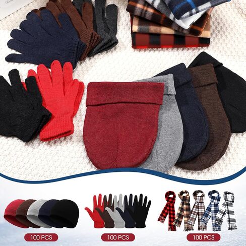 طقم اكسسوارات شتوية للجنسين من 300 قطعة، طقم شتوي للبالغين من 100 وشاح يشبه الكشمير و100 قبعة صغيرة دافئة و100 زوج من القفازات المحبوكة in Kuwait