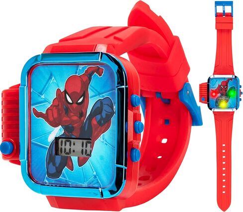 اكيو تايم ساعة يد كوارتز رقمية بشاشة LCD من مارفل سبايدرمان مع مصباح يدوي وسوار احمر للاولاد والبنات والاطفال الصغار (الموديل: SPD4747AZ)، احمر، ساعة معصم رقمية in Kuwait