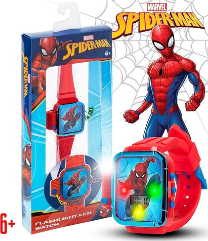 اكيو تايم ساعة يد كوارتز رقمية بشاشة LCD من مارفل سبايدرمان مع مصباح يدوي وسوار احمر للاولاد والبنات والاطفال الصغار (الموديل: SPD4747AZ)، احمر، ساعة معصم رقمية in Kuwait