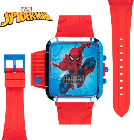 اكيو تايم ساعة يد كوارتز رقمية بشاشة LCD من مارفل سبايدرمان مع مصباح يدوي وسوار احمر للاولاد والبنات والاطفال الصغار (الموديل: SPD4747AZ)، احمر، ساعة معصم رقمية in Kuwait