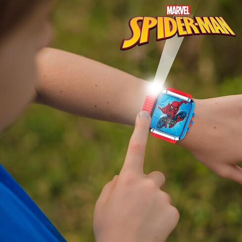 اكيو تايم ساعة يد كوارتز رقمية بشاشة LCD من مارفل سبايدرمان مع مصباح يدوي وسوار احمر للاولاد والبنات والاطفال الصغار (الموديل: SPD4747AZ)، احمر، ساعة معصم رقمية in Kuwait