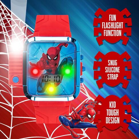 اكيو تايم ساعة يد كوارتز رقمية بشاشة LCD من مارفل سبايدرمان مع مصباح يدوي وسوار احمر للاولاد والبنات والاطفال الصغار (الموديل: SPD4747AZ)، احمر، ساعة معصم رقمية in Kuwait