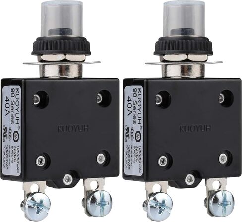 قاطع الدائرة الحرارية DIYhz، 98 سلسلة 40 أمبير 125/250 فولت تيار متردد، زر إعادة ضبط قاطع الدائرة مع أطراف توصيل سريعة وغطاء زر مقاوم للماء، قاطع دائرة الحمل الزائد الحراري 32 فولت تيار مستمر - 40 أمبير، قطعتان in Kuwait