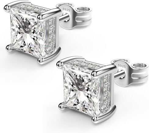 18K White Gold Plated Sterling Silver Princess Cut Cubic Zirconia Stud Earrings Square CZ Diamond Stud Earrings for Women Men Hypoallergenic (Gold 6MM) in Saudi Arabia