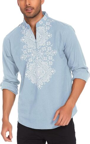COOFANDY Men's Henley Shirt Long Sleeve Floral Print Casual Zip Up Cotton Linen Beach Shirts Hippie Ukrainian Shirt in Saudi Arabia