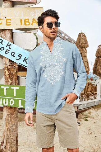 COOFANDY Men's Henley Shirt Long Sleeve Floral Print Casual Zip Up Cotton Linen Beach Shirts Hippie Ukrainian Shirt in Saudi Arabia