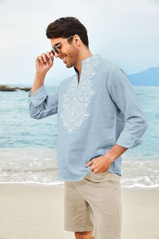 COOFANDY Men's Henley Shirt Long Sleeve Floral Print Casual Zip Up Cotton Linen Beach Shirts Hippie Ukrainian Shirt in Saudi Arabia
