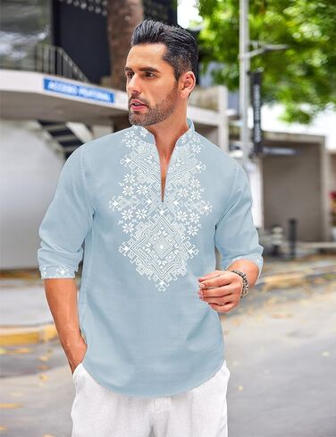 COOFANDY Men's Henley Shirt Long Sleeve Floral Print Casual Zip Up Cotton Linen Beach Shirts Hippie Ukrainian Shirt in Saudi Arabia