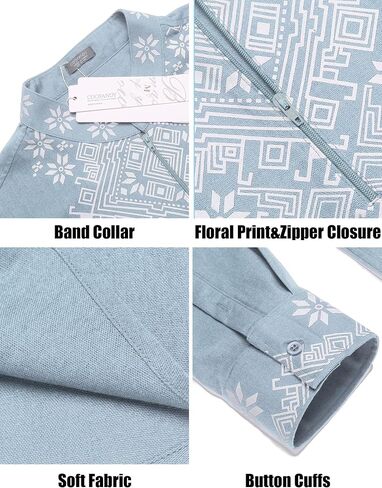 COOFANDY Men's Henley Shirt Long Sleeve Floral Print Casual Zip Up Cotton Linen Beach Shirts Hippie Ukrainian Shirt in Saudi Arabia