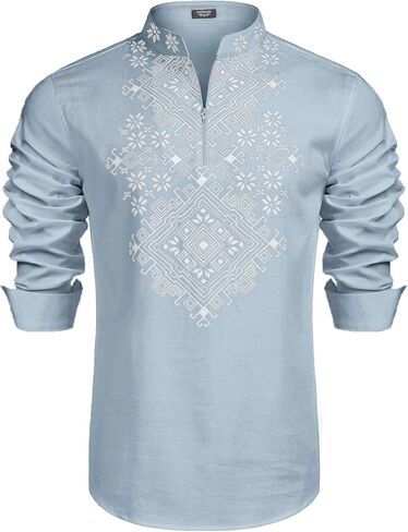 COOFANDY Men's Henley Shirt Long Sleeve Floral Print Casual Zip Up Cotton Linen Beach Shirts Hippie Ukrainian Shirt in Saudi Arabia
