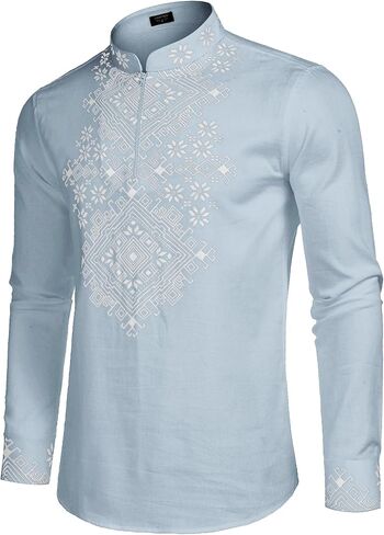 COOFANDY Men's Henley Shirt Long Sleeve Floral Print Casual Zip Up Cotton Linen Beach Shirts Hippie Ukrainian Shirt in Saudi Arabia