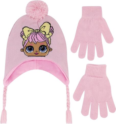 L.O.L. Surprise Beanie Hat and Gloves Set, Kids Pom Knitted Winter Cap with Tassels and Matching Mittens, Pink, One Size in Saudi Arabia