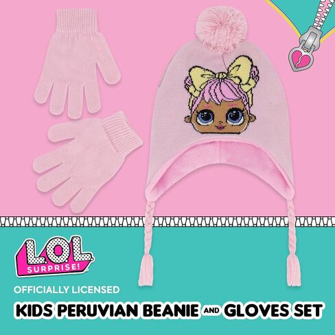 L.O.L. Surprise Beanie Hat and Gloves Set, Kids Pom Knitted Winter Cap with Tassels and Matching Mittens, Pink, One Size in Saudi Arabia