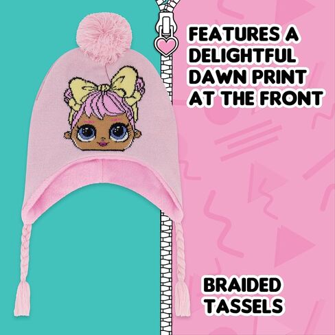L.O.L. Surprise Beanie Hat and Gloves Set, Kids Pom Knitted Winter Cap with Tassels and Matching Mittens, Pink, One Size in Saudi Arabia