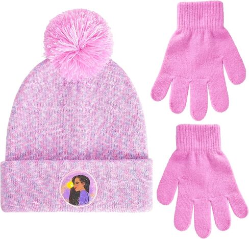 Disney Wish Beanie Hat and Gloves Set, Kids Cuffed Knitted Winter Cap with Pom and Matching Mittens, Shining Star, One Size Purple in Saudi Arabia
