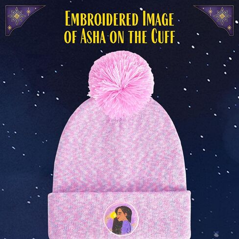 Disney Wish Beanie Hat and Gloves Set, Kids Cuffed Knitted Winter Cap with Pom and Matching Mittens, Shining Star, One Size Purple in Saudi Arabia