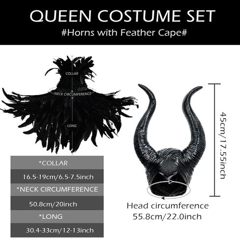 L'VOW Gothic Black Feather Cape Shawl with Maleficent Horns for Halloween Crow Costume in Kuwait