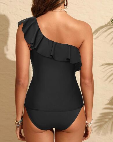 Yonique Women's Two Piece Swimsuits One Shoulder Tankini Tummy Control Bathing Suits Ruffle Swimwear in Kuwait