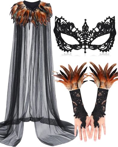 Hercicy 3 Pieces Cloak Black Feather Cape Feather Collar Witch Cape with Feather Lace Long Gloves Witch Spider Web Masquerade Mask for Halloween Party Queen Costume Decoration in Saudi Arabia