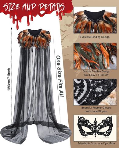 Hercicy 3 Pieces Cloak Black Feather Cape Feather Collar Witch Cape with Feather Lace Long Gloves Witch Spider Web Masquerade Mask for Halloween Party Queen Costume Decoration in Saudi Arabia