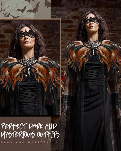 Hercicy 3 Pieces Cloak Black Feather Cape Feather Collar Witch Cape with Feather Lace Long Gloves Witch Spider Web Masquerade Mask for Halloween Party Queen Costume Decoration in Saudi Arabia