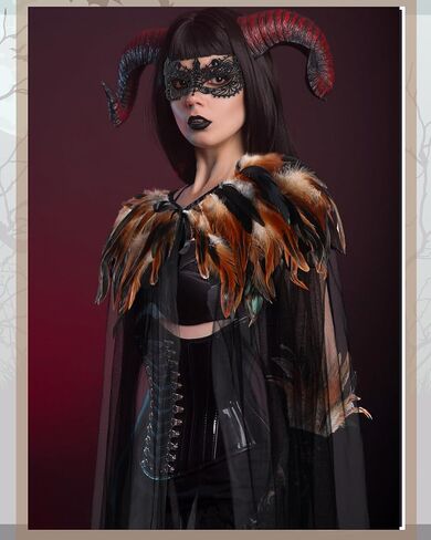 Hercicy 3 Pieces Cloak Black Feather Cape Feather Collar Witch Cape with Feather Lace Long Gloves Witch Spider Web Masquerade Mask for Halloween Party Queen Costume Decoration in Saudi Arabia