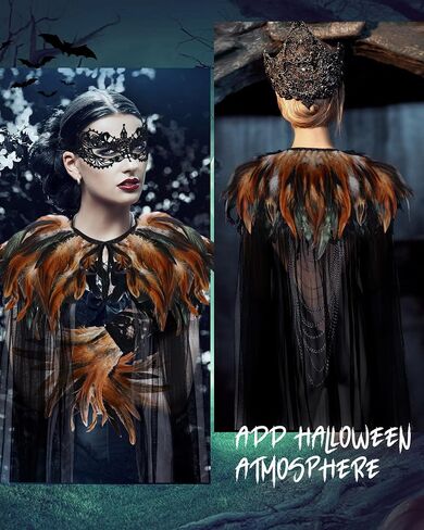 Hercicy 3 Pieces Cloak Black Feather Cape Feather Collar Witch Cape with Feather Lace Long Gloves Witch Spider Web Masquerade Mask for Halloween Party Queen Costume Decoration in Saudi Arabia