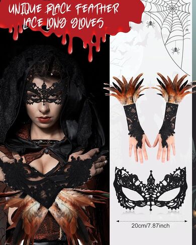 Hercicy 3 Pieces Cloak Black Feather Cape Feather Collar Witch Cape with Feather Lace Long Gloves Witch Spider Web Masquerade Mask for Halloween Party Queen Costume Decoration in Saudi Arabia
