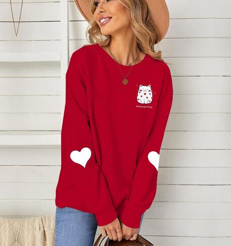 LOTUCY Women Valentine's Day Sweatshirt Cute Cat Graphic Shirts Meowentine Lover Pullover Tops Love Heart Casual Blouse in Saudi Arabia