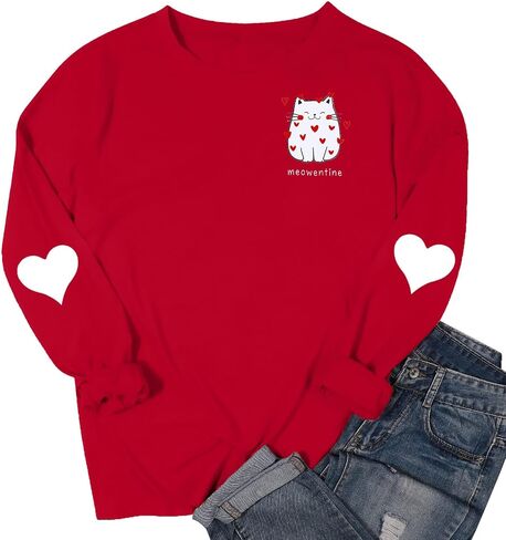 LOTUCY Women Valentine's Day Sweatshirt Cute Cat Graphic Shirts Meowentine Lover Pullover Tops Love Heart Casual Blouse in Saudi Arabia