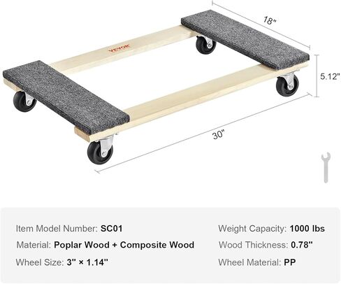 VEVOR Furniture Dolly, 1000 lbs Load Capacity, 18" x 30", 4 x 3 PP Swivel Casters, Heavy Duty Hardwood Furniture Moving Dolly, Mover's Dolly, Moving Cart with Wheels for Heavy Furniture, Two Pack in Kuwait