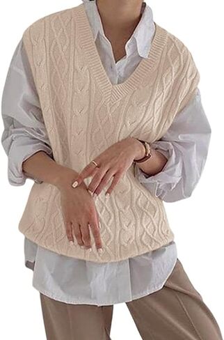 Women's V Neck Sweater Vest Oversized Sleeveless Loose Knit Tops Cable Sleeveless Sweater in Kuwait