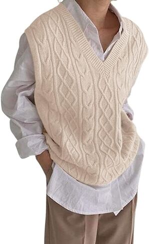 Women's V Neck Sweater Vest Oversized Sleeveless Loose Knit Tops Cable Sleeveless Sweater in Kuwait
