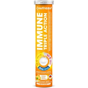 nutrazul Immune Triple Action Effervescent Tablet -1000 mg Vitamin C, Vitamin D, Zinc I Orange 20's I Gluten Free, Sugar Free, Lactose Free & Preservative Free I Maintains Immune Function