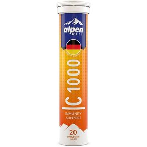 AlpenWell Vitamin C - 1000mg + Zinc - Immune Support - Effervescent Vitamin Drink Tablet, No Sugar + Low Calorie Supplement, Orange Flavor