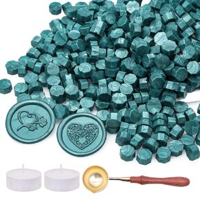 Metallic Royal Gold Sealing Wax Beads,ZRCHLS 370 Pieces Octagon Wax Seal Beads Kit with A Melting Spoon and 2 Candles for Seal Stamp for Gift & Envelope Sealing, Wedding Invitation